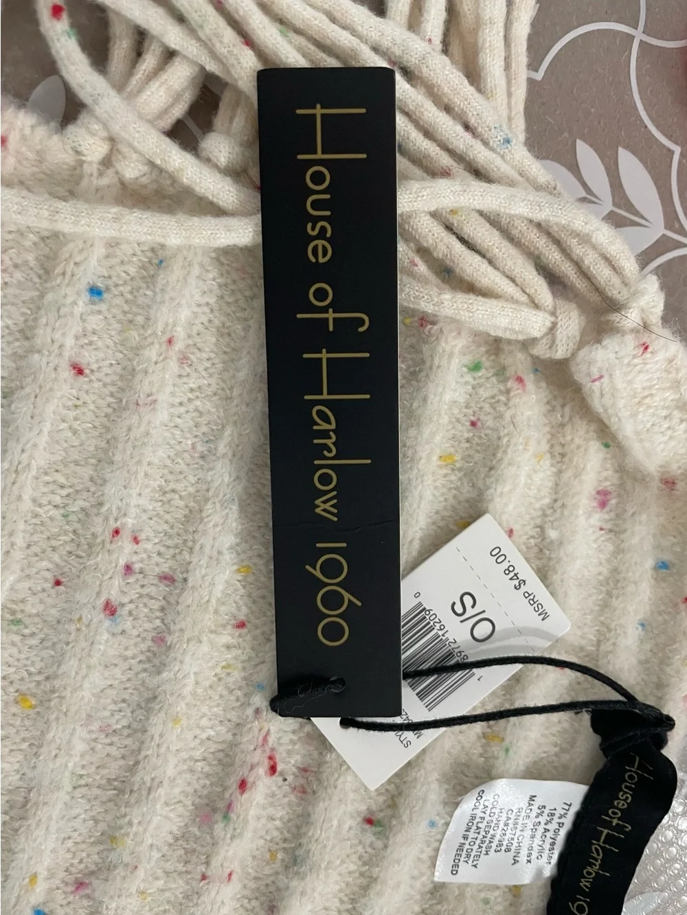 NWT House of Harlow 1960 Speckled Ribbed Knit Fringe Scarf in Cream/Oatmeal